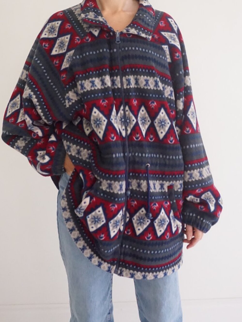 Vintage Image Red Blue Fair Isle Snowflake Zip Fleece Cardigan Jacket XL